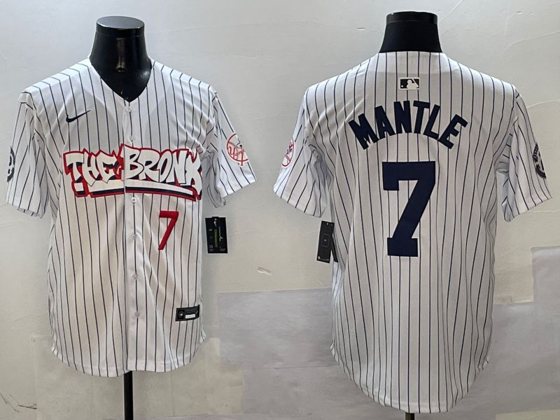 Men New York Yankees #7 Mantle White Stripe four generations Joint Name 2025 Nike MLB Jersey style 6